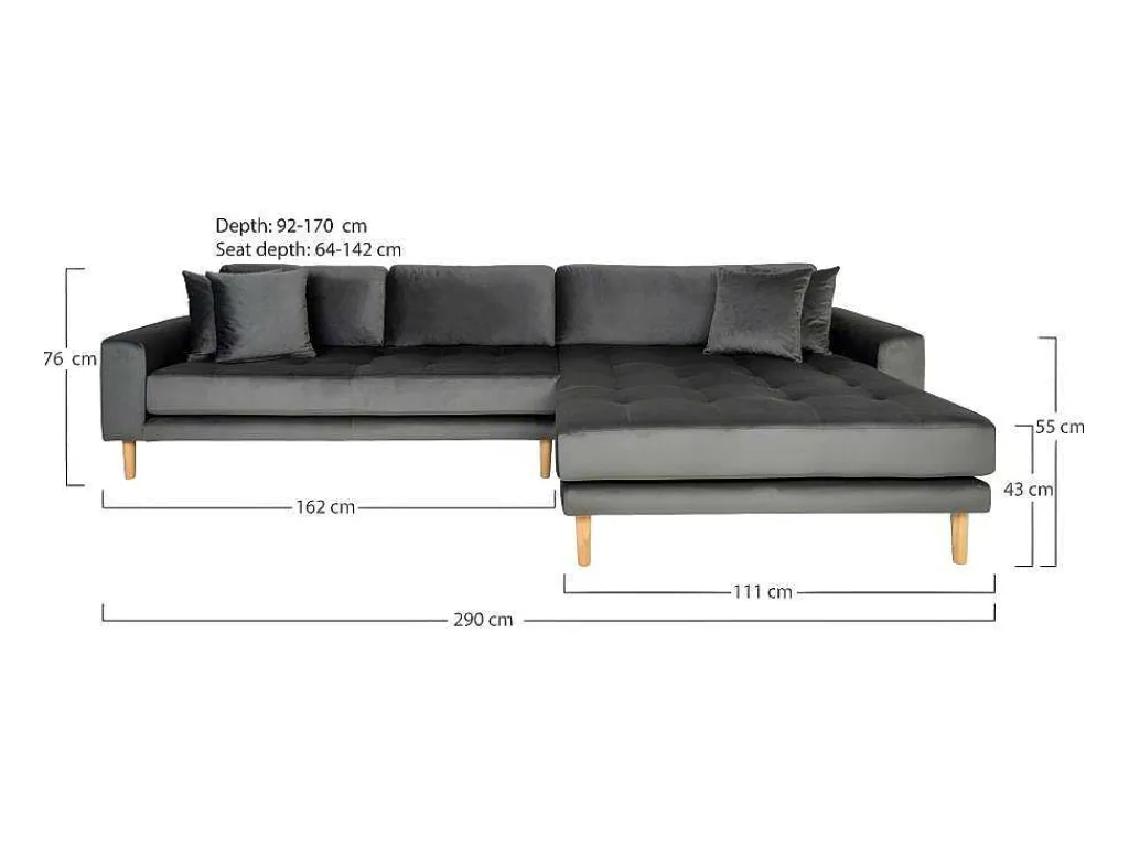 Lido Chaiselong Sofa Rechts Met 4 Kussens, Velour Grijs.-House Nordic Discount