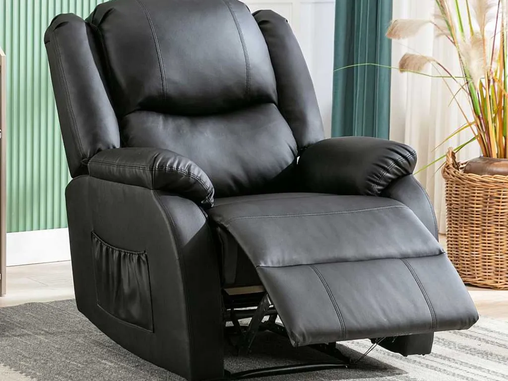 Liggende Relaxfauteuil Met Verstelbare Handvoetsteun, Bekleding Van Zwart Kunstleer-Vente-unique Sale