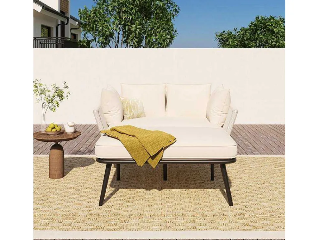 Ligstoel, Tuinbank - Gegalvaniseerd Staal En Gevlochten Touw - 2 Plaatsen - Beige-ModernLuxe