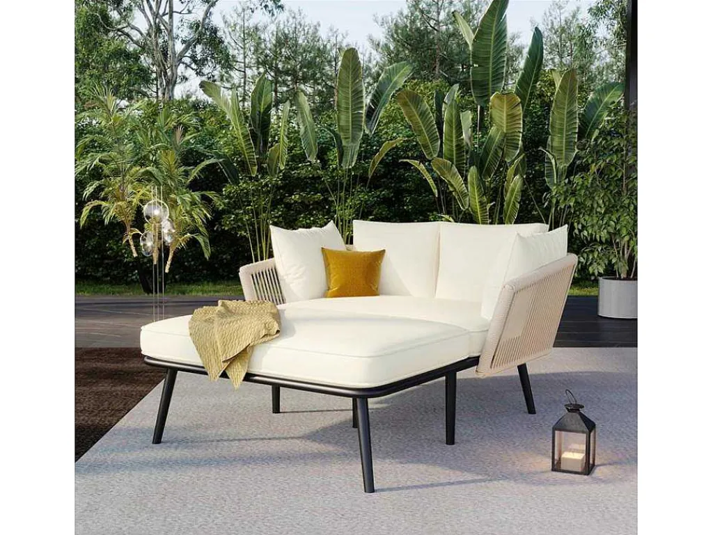 Ligstoel, Tuinbank - Gegalvaniseerd Staal En Gevlochten Touw - 2 Plaatsen - Beige-ModernLuxe
