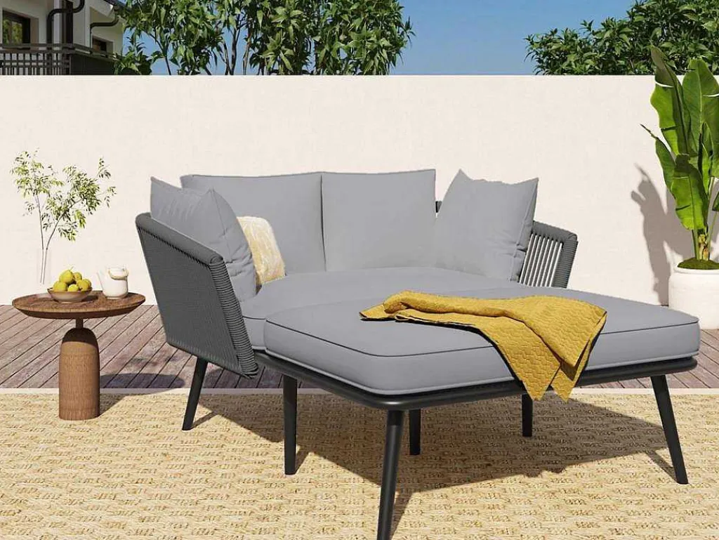 Ligstoel, Tuinbank - Gegalvaniseerd Staal En Gevlochten Touw - 2 Plaatsen - Grijs-ModernLuxe Outlet