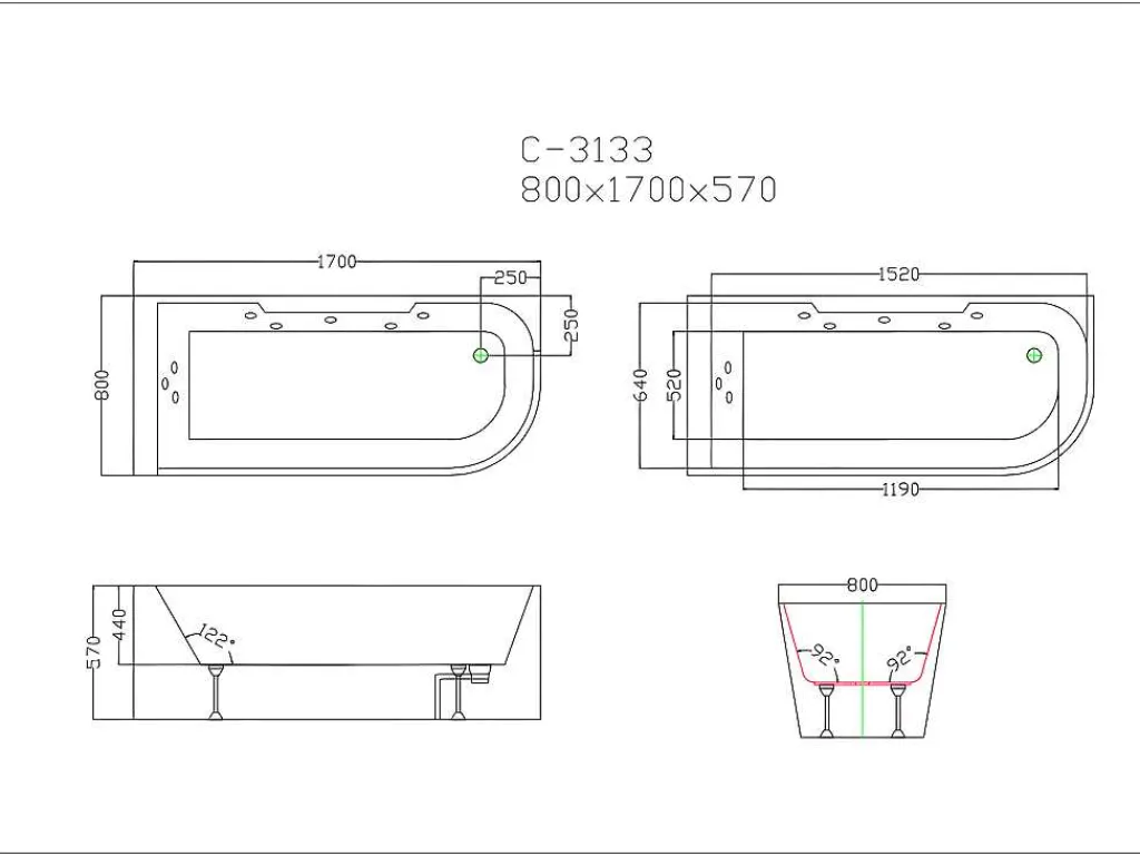 Massagebad Met Glazen Wand Aria Zwart - Persoons - 170*80*57Cm - Linkse Hoek-Shower & Design New