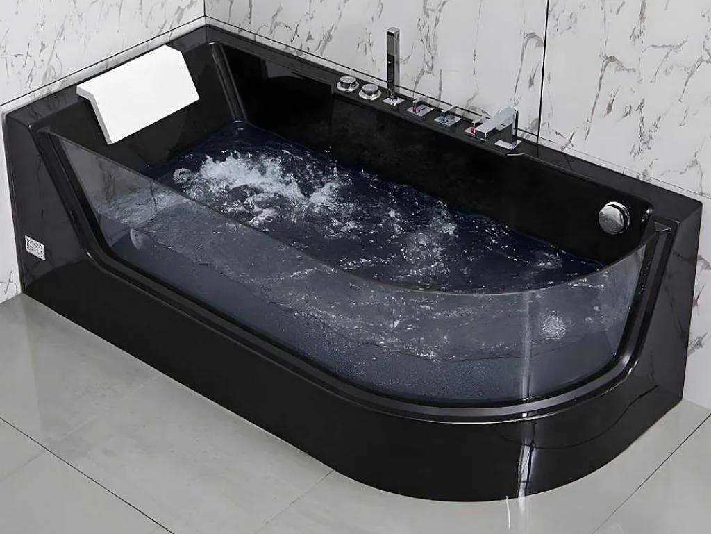 Massagebad Met Glazen Wand Aria Zwart - Persoons - 170*80*57Cm - Linkse Hoek-Shower & Design New