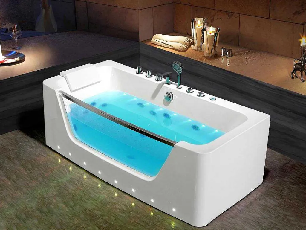 Massagebad Met Glazen Wand En Ledverlichting Dyona - 260L - 1 Persoon - 170*85*58Cm - Balneo Therapie-Shower & Design Outlet