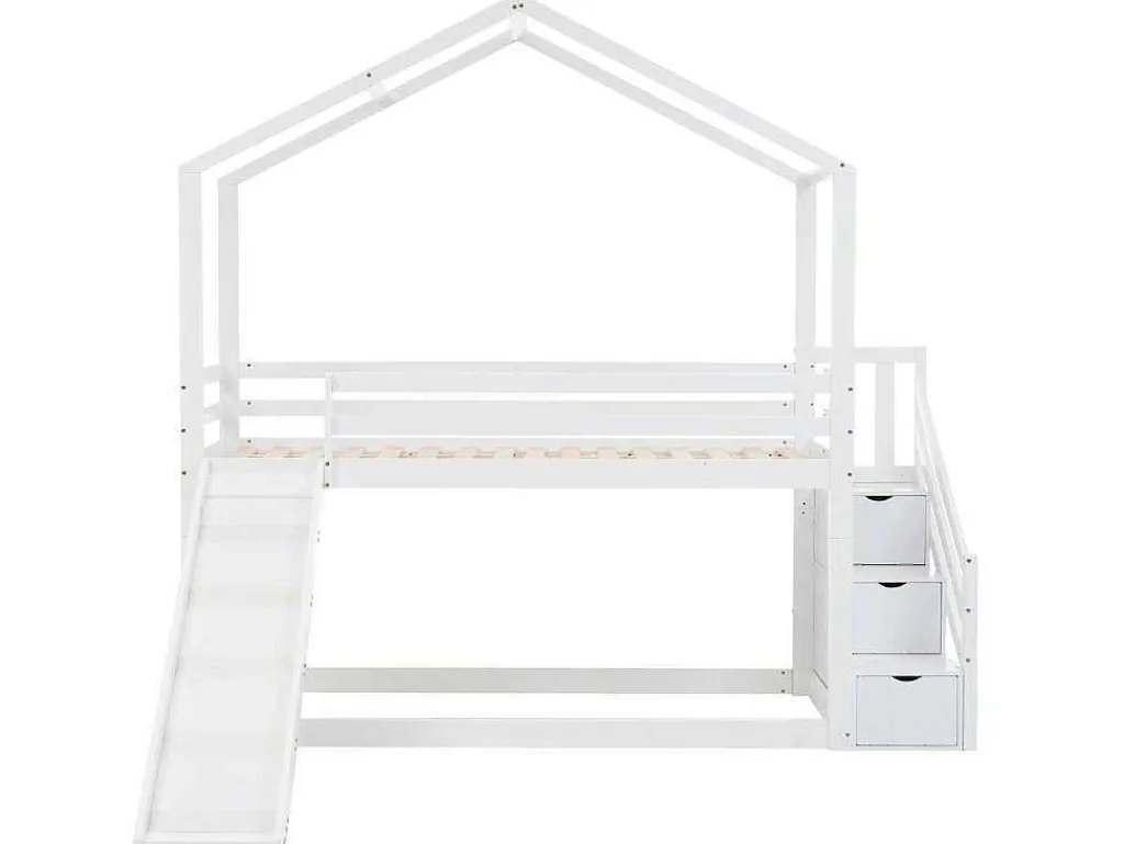 Massief Grenen Stapelbed 90X200Cm - Met Opbergtrap En Glijbaan - Wit-ModernLuxe New