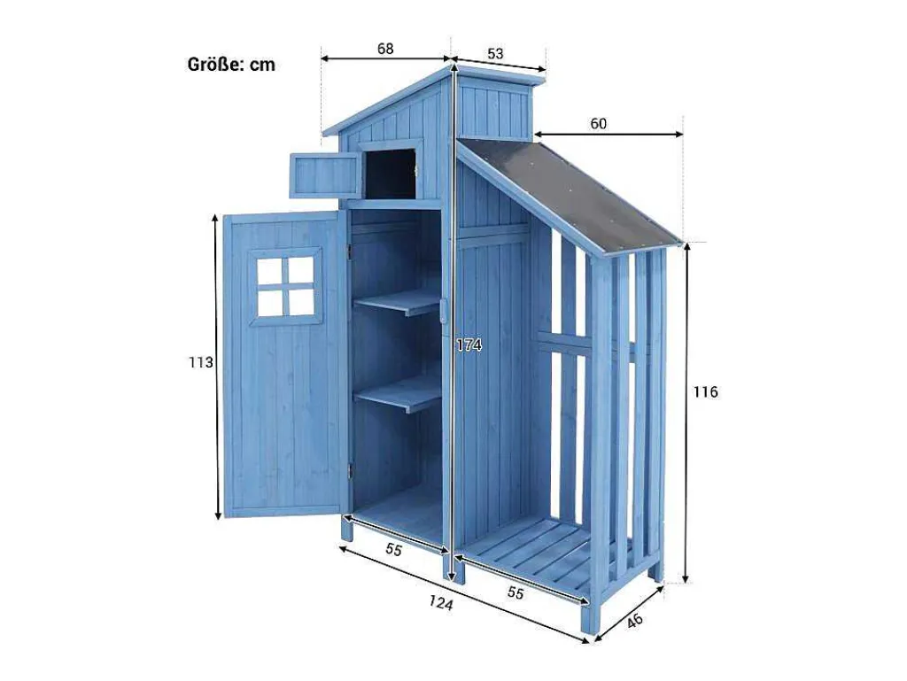 Massief Houten Tuinhuis Met Pvc Schuin Dak - 2 Planken 3 Klapdeuren - L124 X D46 X H174 Cm - Blauw-Vente-unique Sale