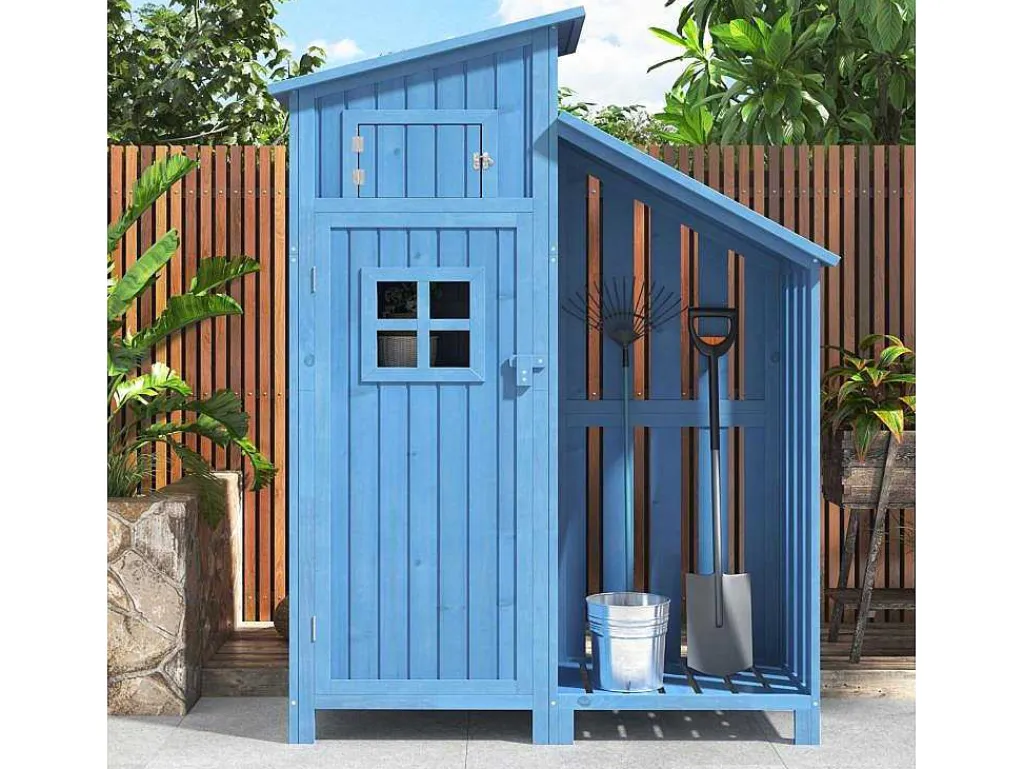 Massief Houten Tuinhuis Met Pvc Schuin Dak - 2 Planken 3 Klapdeuren - L124 X D46 X H174 Cm - Blauw-Vente-unique Sale