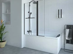 Matzwart Badscherm Met Handdoekhouder En Draaibare Retour - (70 + 30) X 140 Cm - Primael-Shower & Design Online