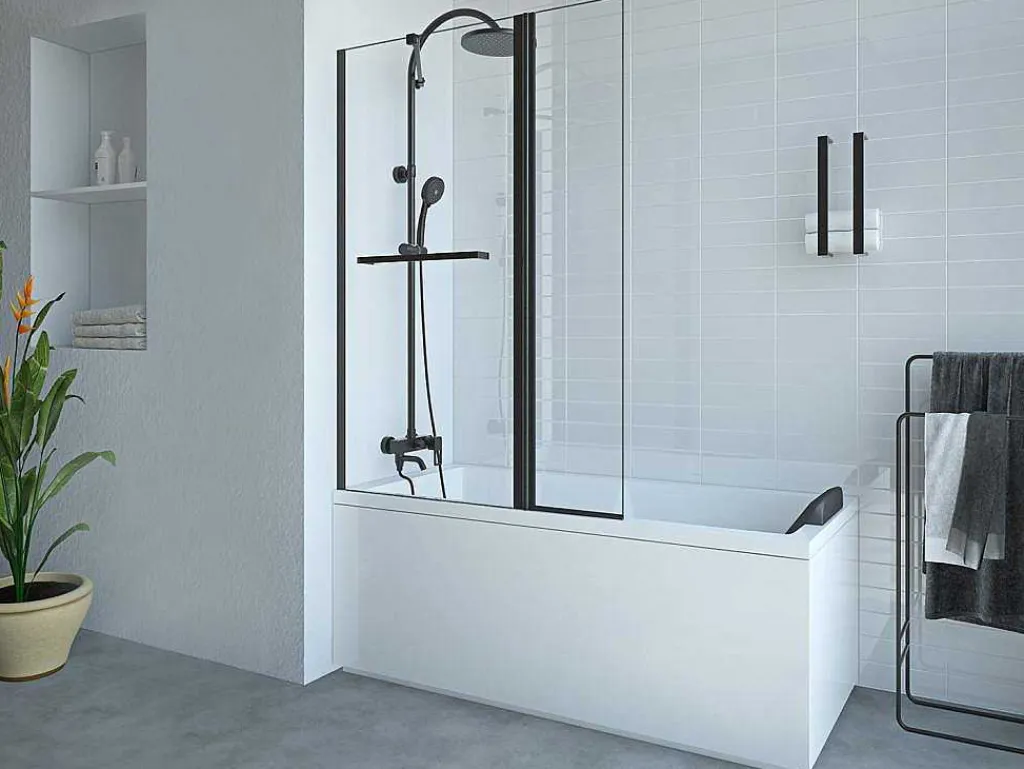 Matzwart Badscherm Met Handdoekhouder En Draaibare Retour - (70 + 30) X 140 Cm - Primael-Shower & Design Online