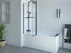 Matzwart Badscherm Met Handdoekhouder En Draaibare Retour - (70 + 30) X 140 Cm - Primael-Shower & Design Online