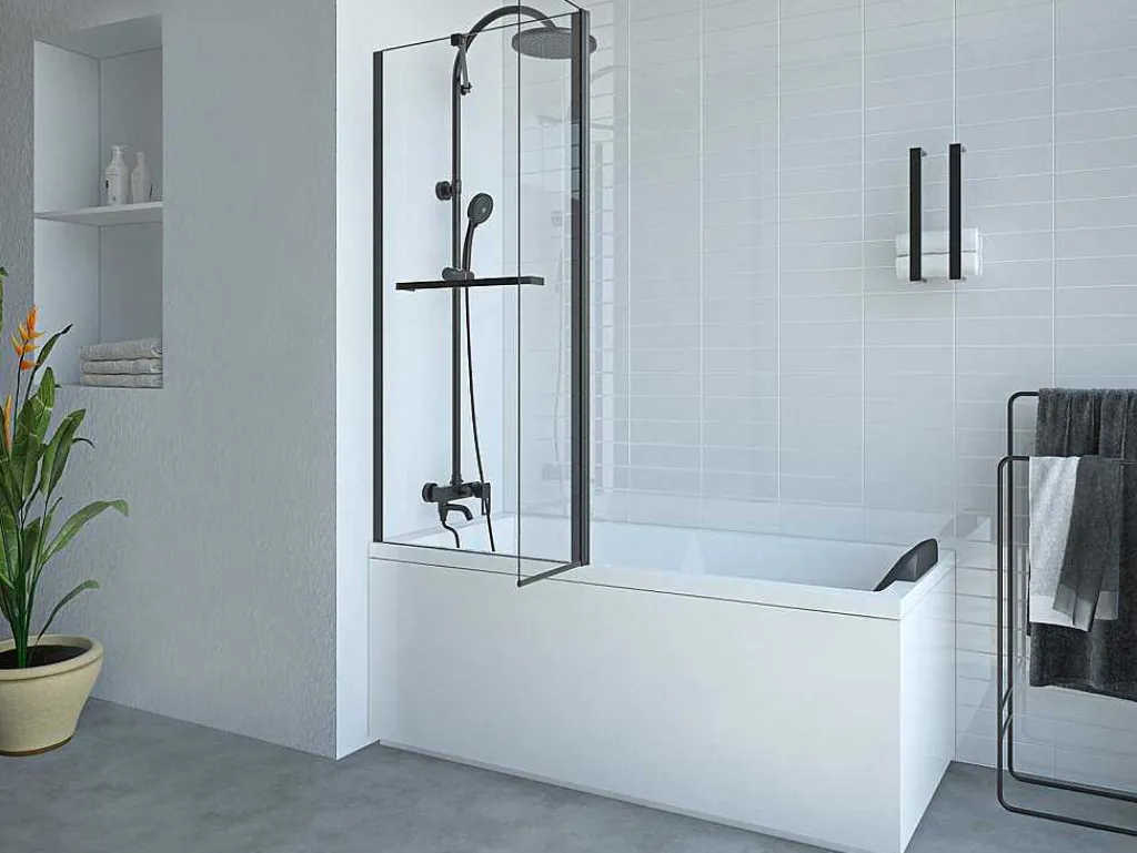 Matzwart Badscherm Met Handdoekhouder En Draaibare Retour - (70 + 30) X 140 Cm - Primael-Shower & Design Online