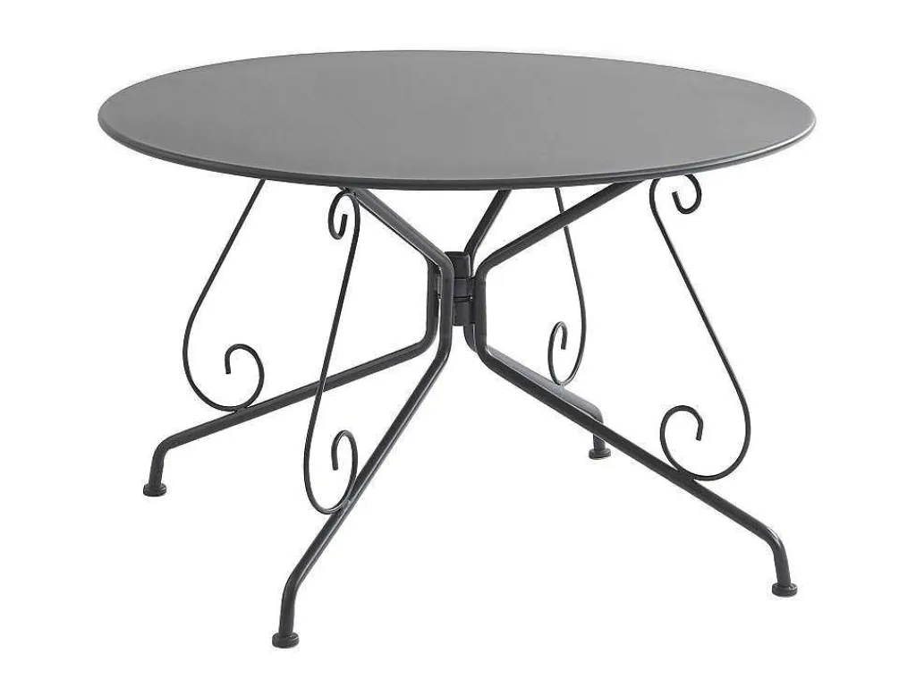 Metalen Tuineethoek Met Gietijzeren Stijl: Een Tafel D120 Cm En 4 Opstapelbare Fauteuils - Antraciet - Guermantes Van-MYLIA Outlet