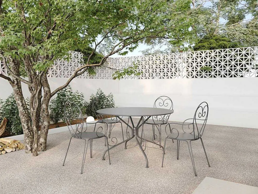 Metalen Tuineethoek Met Gietijzeren Stijl: Een Tafel D120 Cm En 4 Opstapelbare Fauteuils - Antraciet - Guermantes Van-MYLIA Outlet