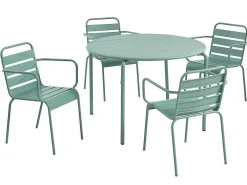 Metalen Tuinsalon Mirmande - Tafel D110 Cm + 4 Stapelbare Fauteuils - Amandelgroen-MYLIA Discount