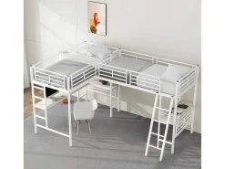 Mezzaninebed - 2 Bedden 90X200 Cm - 2 Bureaus Onder Het Bed - Wit-ModernLuxe Online