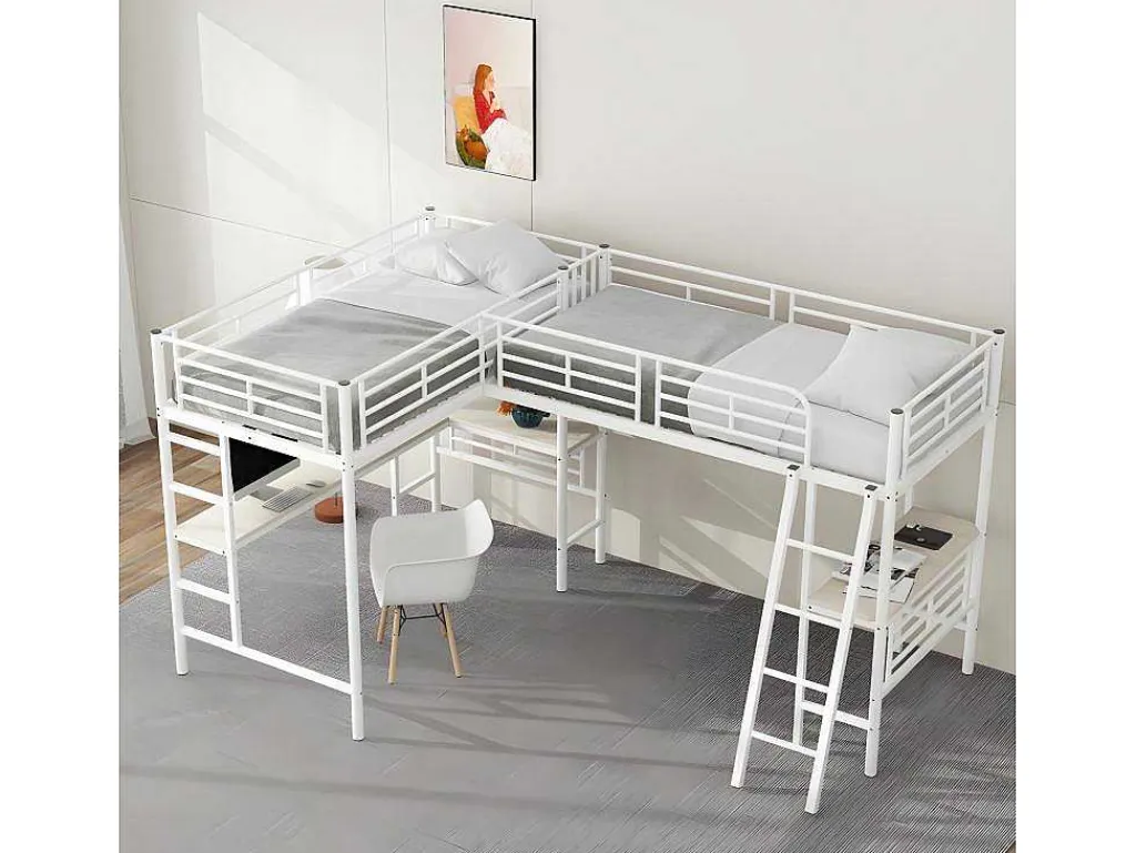 Mezzaninebed - 2 Bedden 90X200 Cm - 2 Bureaus Onder Het Bed - Wit-ModernLuxe Online