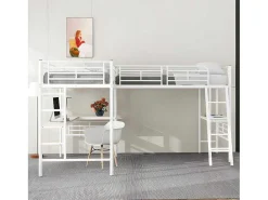 Mezzaninebed - 2 Bedden 90X200 Cm - 2 Bureaus Onder Het Bed - Wit-ModernLuxe Online