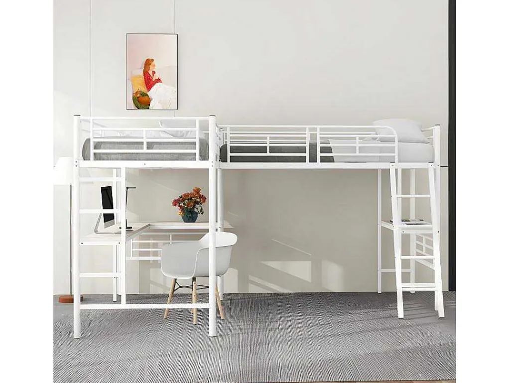 Mezzaninebed - 2 Bedden 90X200 Cm - 2 Bureaus Onder Het Bed - Wit-ModernLuxe Online
