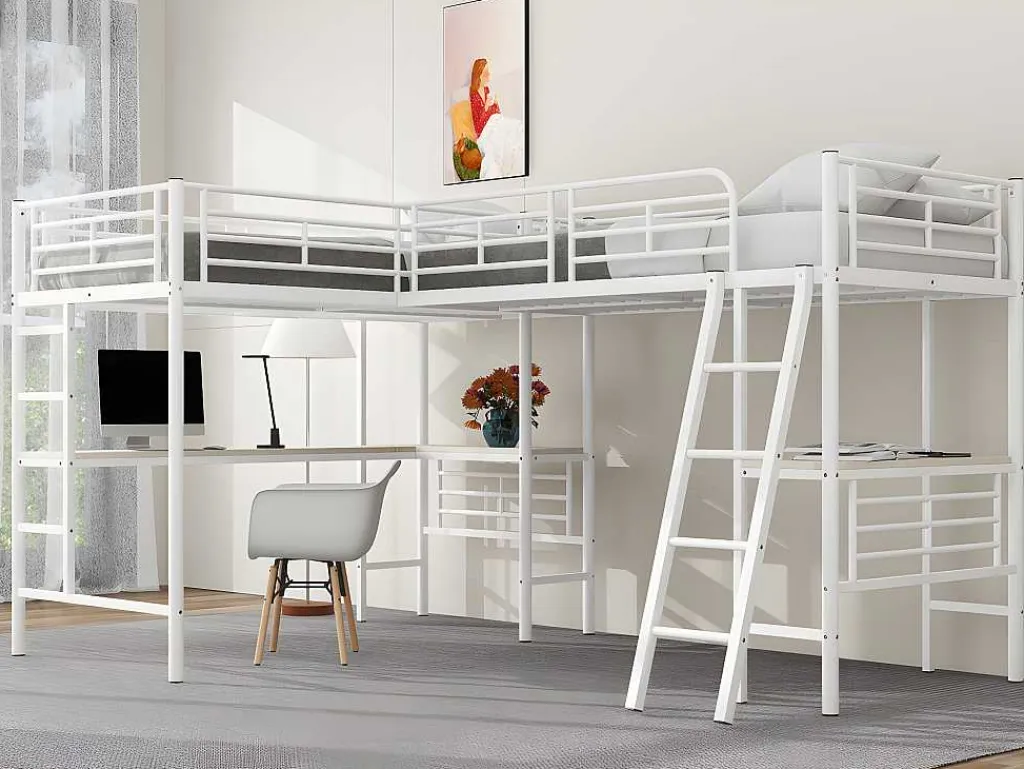 Mezzaninebed - 2 Bedden 90X200 Cm - 2 Bureaus Onder Het Bed - Wit-ModernLuxe Online