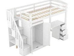 Mezzaninebed 90 X 200 Met Kledingkast En Trap, Bureau En Lades - Grenen + Mdf - Wit-Vente-unique New