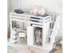 Mezzaninebed 90 X 200 Met Kledingkast En Trap, Bureau En Lades - Grenen + Mdf - Wit-Vente-unique New