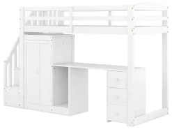 Mezzaninebed 90 X 200 Met Kledingkast En Trap, Bureau En Lades - Grenen + Mdf - Wit-Vente-unique New