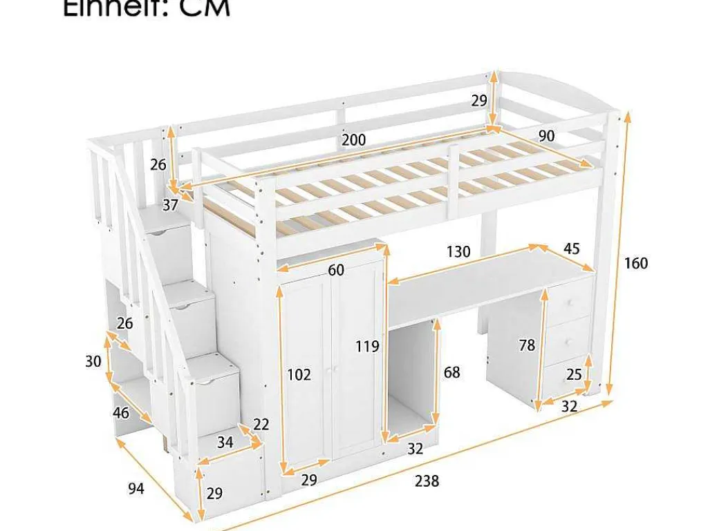 Mezzaninebed 90 X 200 Met Kledingkast En Trap, Bureau En Lades - Grenen + Mdf - Wit-Vente-unique New