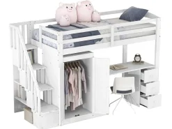 Mezzaninebed 90 X 200 Met Kledingkast En Trap, Bureau En Lades - Grenen + Mdf - Wit-Vente-unique New