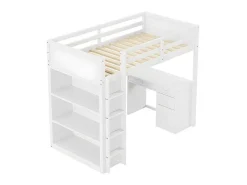 Mezzaninebed 90X200 Cm - Met Opbergmeubel En Bureau - Massief Hout - Wit-ModernLuxe Best