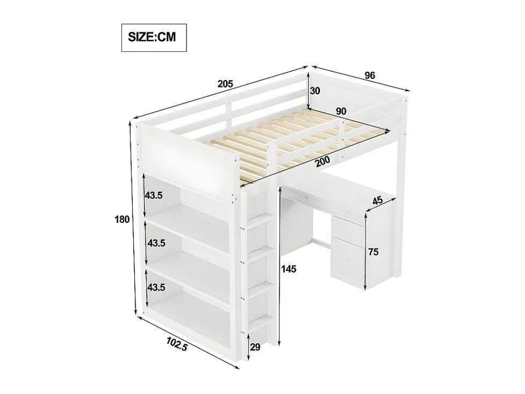 Mezzaninebed 90X200 Cm - Met Opbergmeubel En Bureau - Massief Hout - Wit-ModernLuxe Best