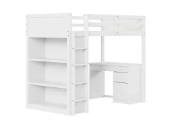 Mezzaninebed 90X200 Cm - Met Opbergmeubel En Bureau - Massief Hout - Wit-ModernLuxe Best