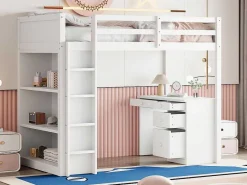 Mezzaninebed 90X200 Cm - Met Opbergmeubel En Bureau - Massief Hout - Wit-ModernLuxe Best