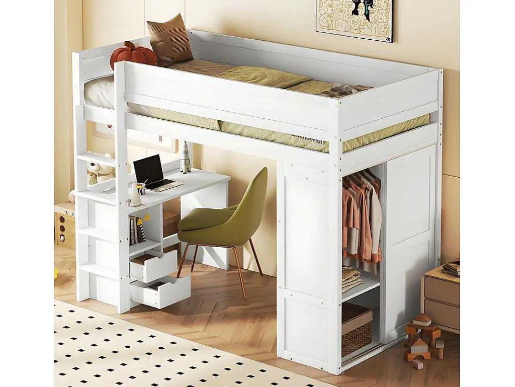 Mezzaninebed 90X200Cm - Multifunctioneel Kinderbed - Voorzien Van Kledingkast En Bureau - In Massief Grenen - Wit-ModernLuxe Outlet