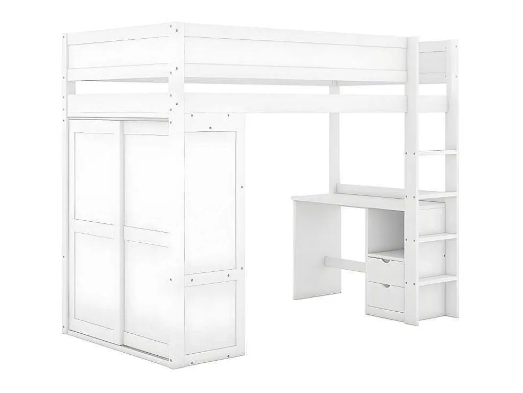 Mezzaninebed 90X200Cm - Multifunctioneel Kinderbed - Voorzien Van Kledingkast En Bureau - In Massief Grenen - Wit-ModernLuxe Outlet