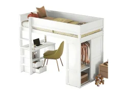 Mezzaninebed 90X200Cm - Multifunctioneel Kinderbed - Voorzien Van Kledingkast En Bureau - In Massief Grenen - Wit-ModernLuxe Outlet