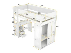 Mezzaninebed 90X200Cm - Multifunctioneel Kinderbed - Voorzien Van Kledingkast En Bureau - In Massief Grenen - Wit-ModernLuxe Outlet