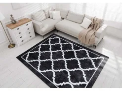 Miro 51639.806 Tapijt Wasbaar Trellis Geruite Antislip - Zwart 200X290 Cm-RugsX Online