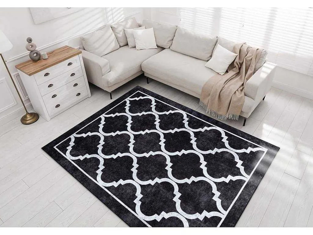 Miro 51639.806 Tapijt Wasbaar Trellis Geruite Antislip - Zwart 200X290 Cm-RugsX Online