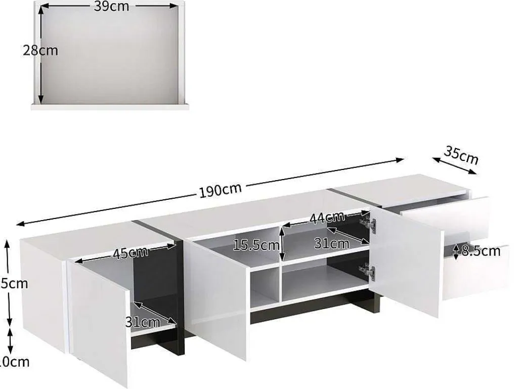 Modern Tv-Meubel 190Cm Met 3 Deuren En 2 Lades - Glanzend Wit & Zwart-ModernLuxe Outlet