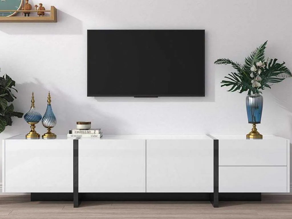Modern Tv-Meubel 190Cm Met 3 Deuren En 2 Lades - Glanzend Wit & Zwart-ModernLuxe Outlet