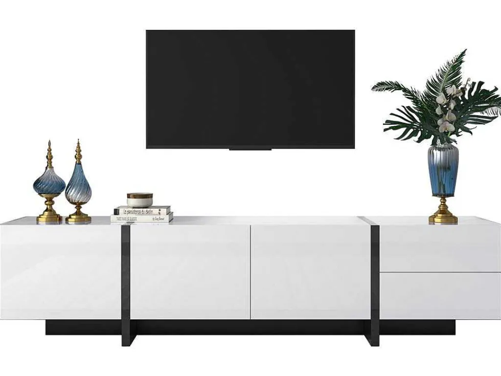 Modern Tv-Meubel 190Cm Met 3 Deuren En 2 Lades - Glanzend Wit & Zwart-ModernLuxe Outlet