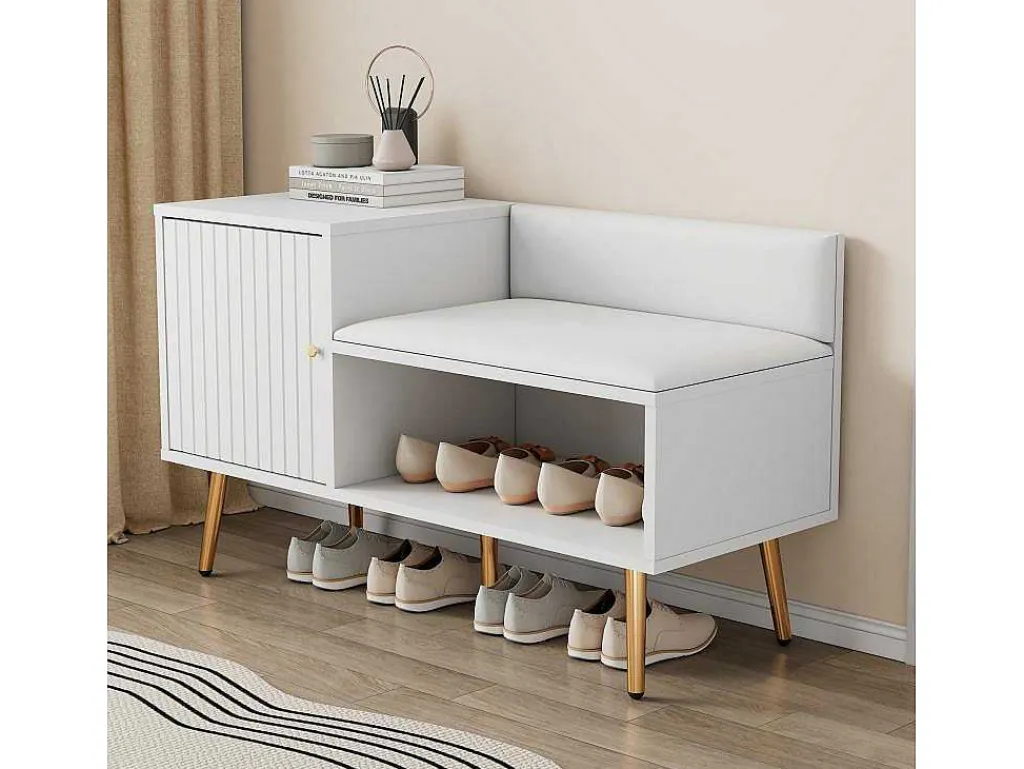 Moderne Schoenenbank Met 3 Deuren En Kussen - Metalen Poten En Handgrepen - Kleur Wit - 100 X 38 X 58 Cm-Vente-unique Clearance