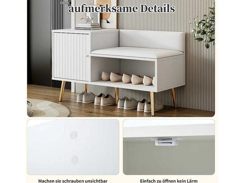 Moderne Schoenenbank Met 3 Deuren En Kussen - Metalen Poten En Handgrepen - Kleur Wit - 100 X 38 X 58 Cm-Vente-unique Clearance