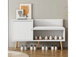 Moderne Schoenenbank Met 3 Deuren En Kussen - Metalen Poten En Handgrepen - Kleur Wit - 100 X 38 X 58 Cm-Vente-unique Clearance