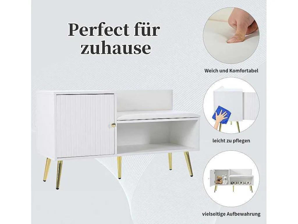 Moderne Schoenenbank Met 3 Deuren En Kussen - Metalen Poten En Handgrepen - Kleur Wit - 100 X 38 X 58 Cm-Vente-unique Clearance