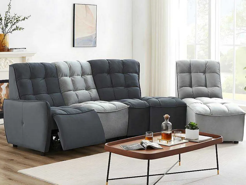 Moduleerbare Relaxhoekbank Van Fluweel - Lichtgrijs En Antraciet - Alford-Vente-unique Online