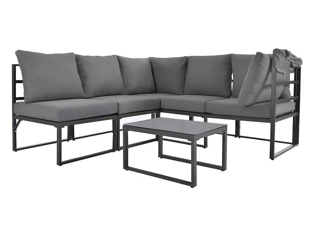 Multifunctioneel Ijzeren Tuinmeubel - Loungebank Met Verstelbare Luifel - 5 Zitplaatsen En 1 Salontafel - Grijs-ModernLuxe Online