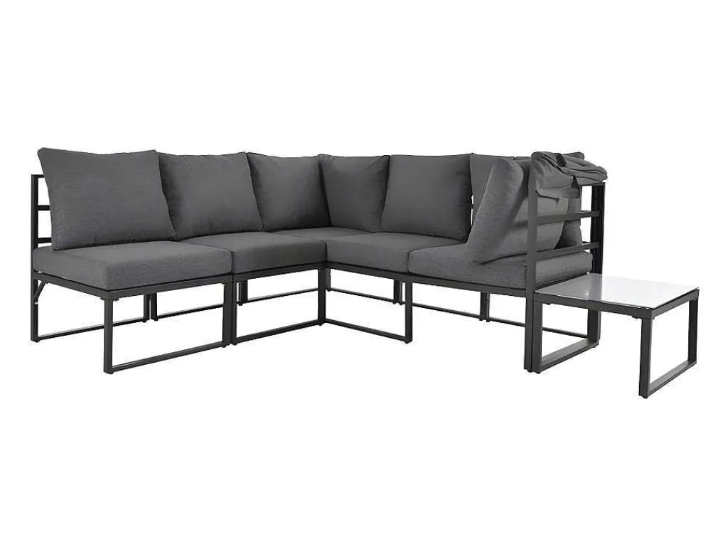 Multifunctioneel Ijzeren Tuinmeubel - Loungebank Met Verstelbare Luifel - 5 Zitplaatsen En 1 Salontafel - Grijs-ModernLuxe Online