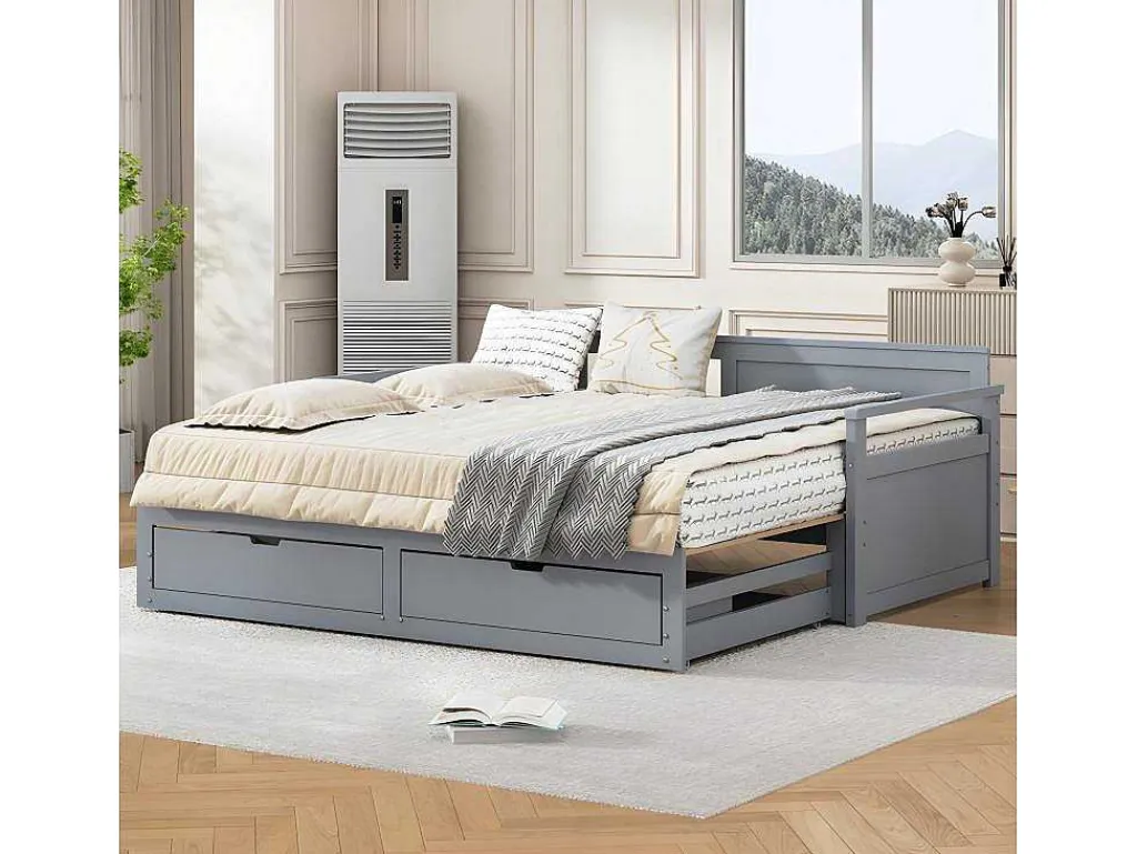 Multifunctioneel Onderschuifbed Van Massief Hout - 2 Laden Op Wielen - Grijs-ModernLuxe New