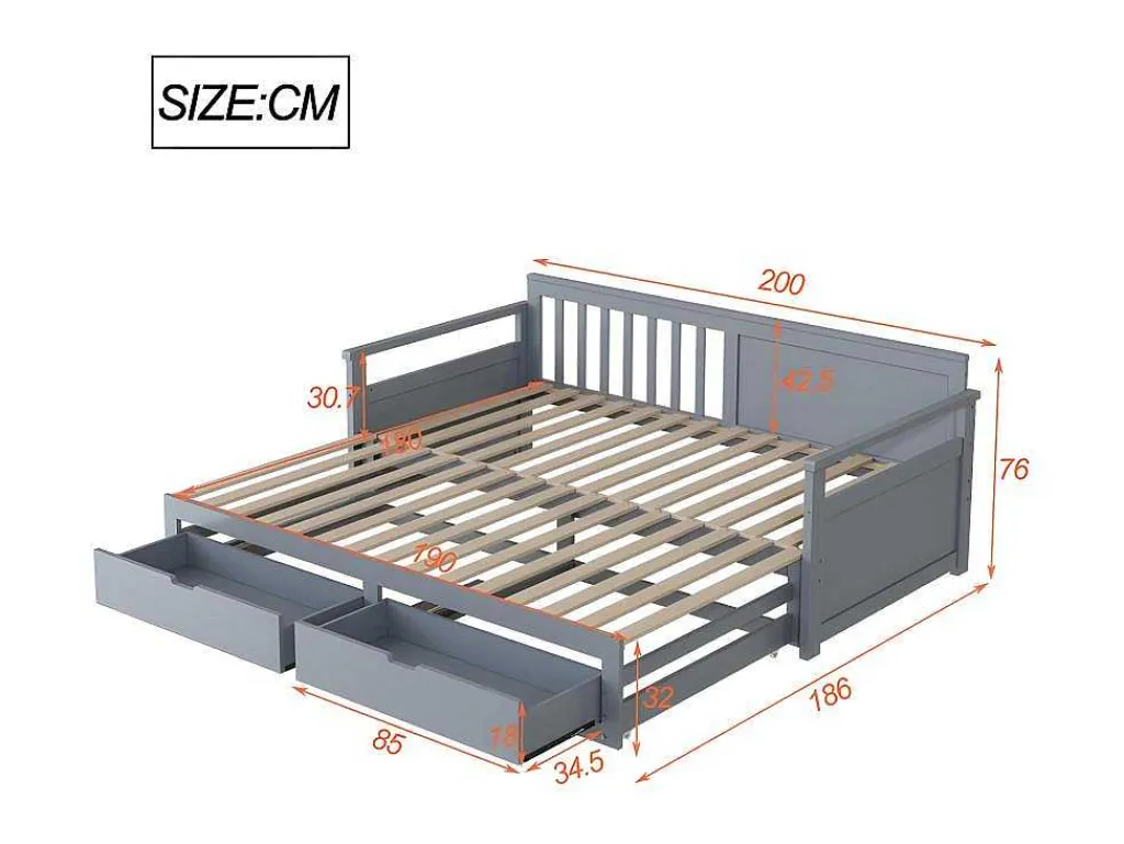 Multifunctioneel Onderschuifbed Van Massief Hout - 2 Laden Op Wielen - Grijs-ModernLuxe New